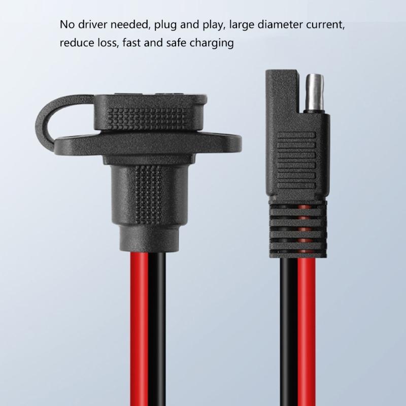 Battery SAE Power Lead with Panel Mount Body, Tethered Dust Cover, Copper Conductors, and Red and Black Wires for Fixed Access, 4 Pack