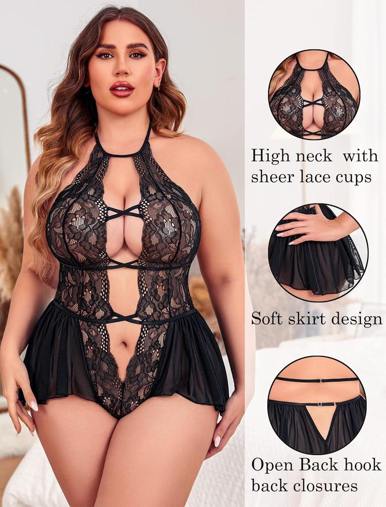 Avidlove Womens Plus Size Lingerie Lace Bodysuit Teddy Deep V One Piece Lace Babydoll