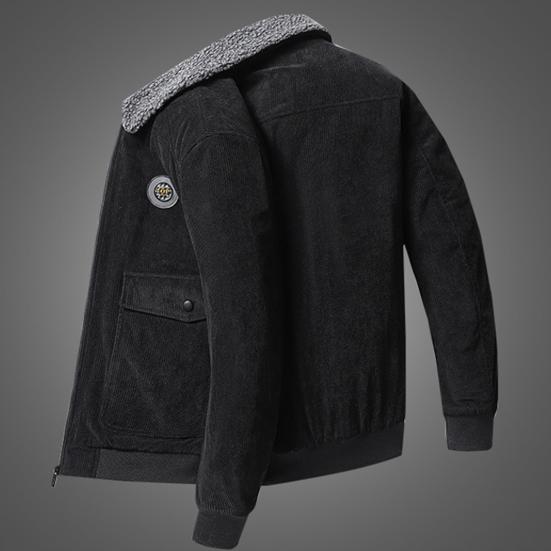 Men Cargo Jacket Solid Color Plush Lining Coldproof Autumn Winter Turndown Collar