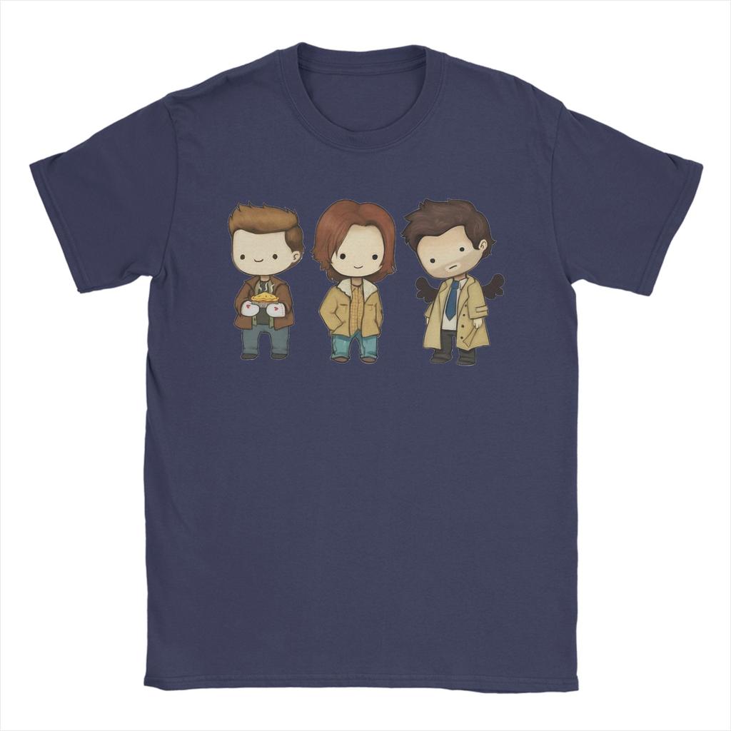 Humor Sam Dean Castiel Supernatural Chibi TShirt Men Round Neck Pure Cotton T Shirts TV Shows Short Sleeve Tees Gift Tops