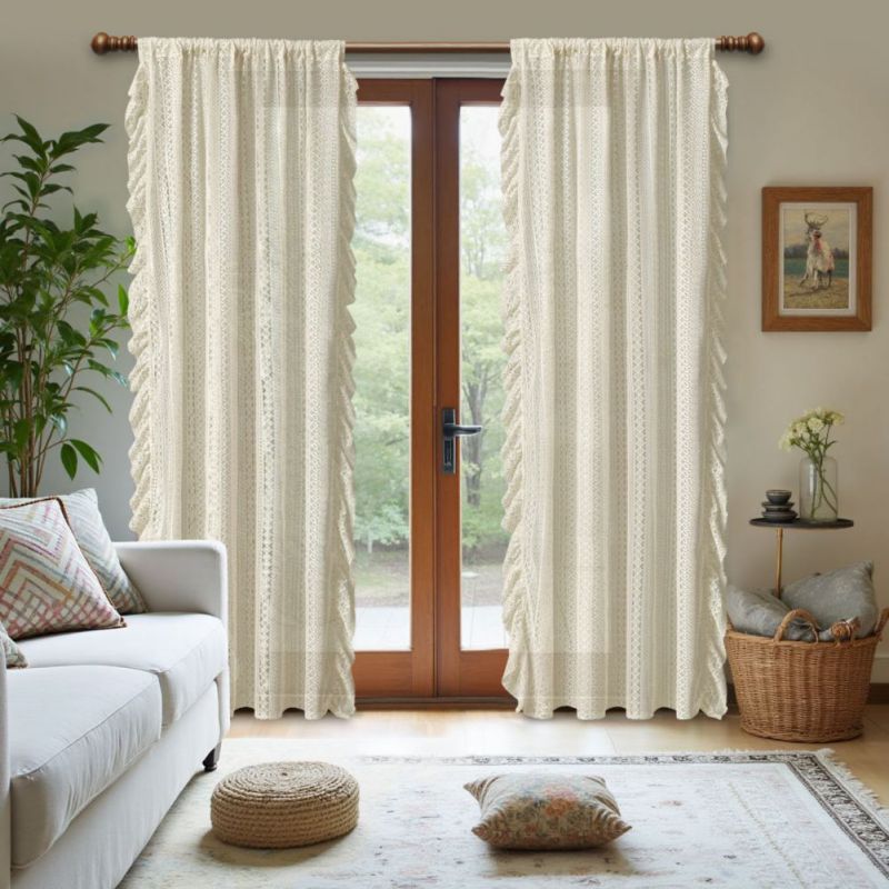 2pcs Perforated Light-filtering Curtains Translucent Gauze Lace Curtains