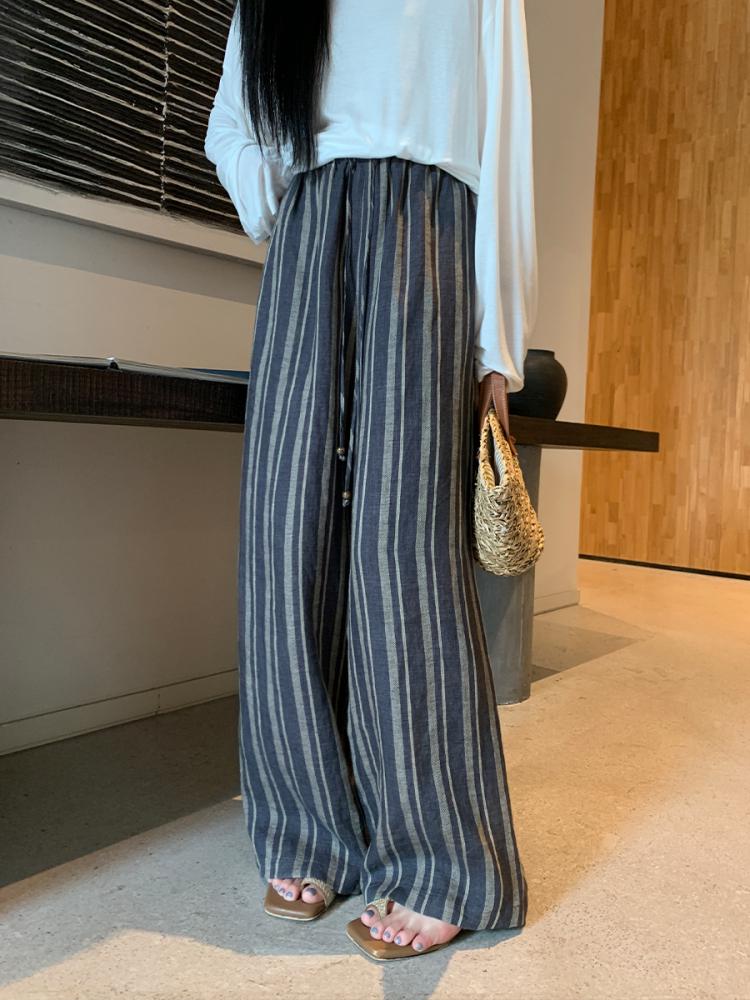 Women's Striped Wide-Leg Linen Pants - Summer Casual Style with Elastic Waist