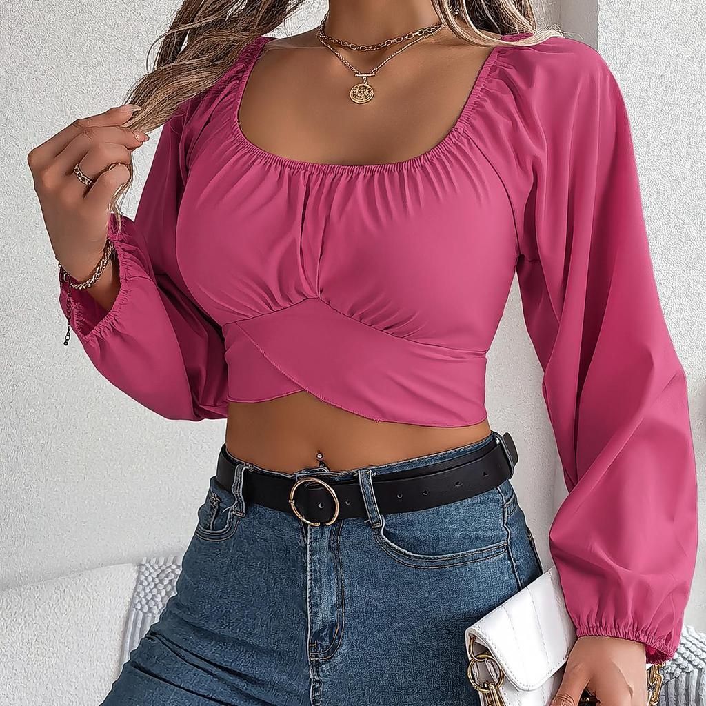 Women Long Sleeve Square Neck Tees Solid Color T Shirt  Ladies Tee Shirt Street Wear Top