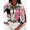Camicia da Donna Geometrica Stampata in 3D in Poliestere a Manica Lunga Versatile per Primavera e Autunno Moda Quotidiana Camicia con Bavero