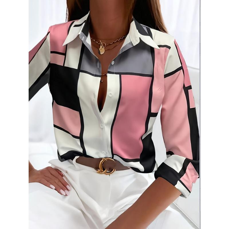 Camicia da Donna Geometrica Stampata in 3D in Poliestere a Manica Lunga Versatile per Primavera e Autunno Moda Quotidiana Camicia con Bavero