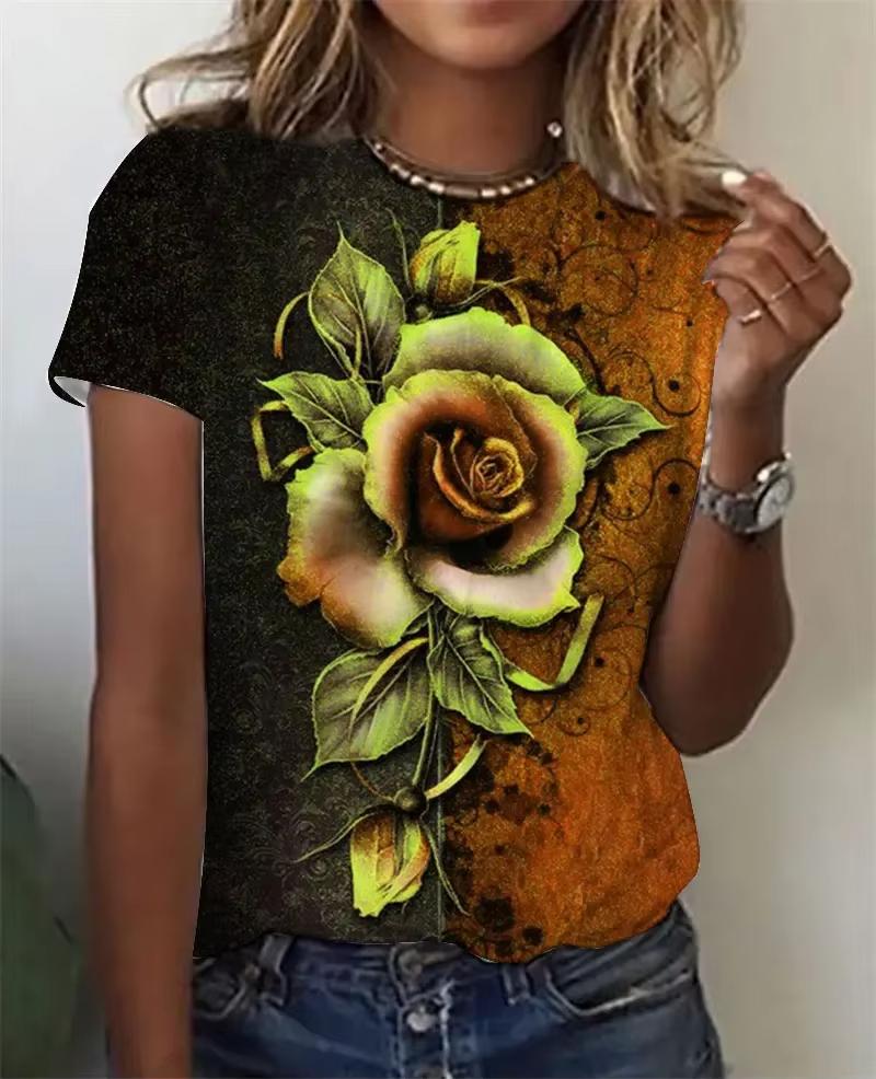 Nuova T-shirt da Donna a Maniche Corte con Stampa 3D Rose Graphix Estiva Casual Y2k Harajuku Girocollo Abbigliamento