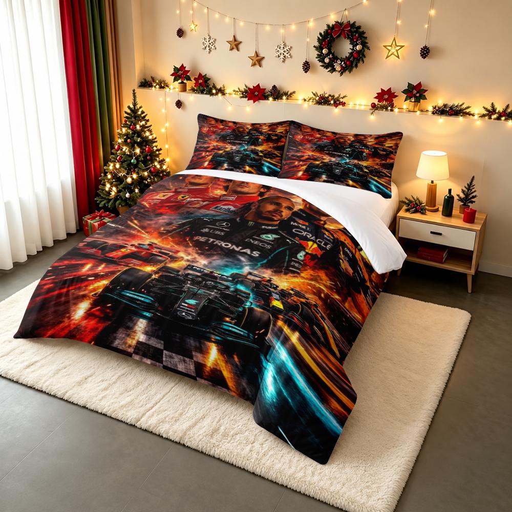 3 Piece Bedding Set with Duvet Cover and 2 Pillowcases - F1 Racing Drivers Legends Grid Print - Sunset Orange Motorsport Decor for Fans