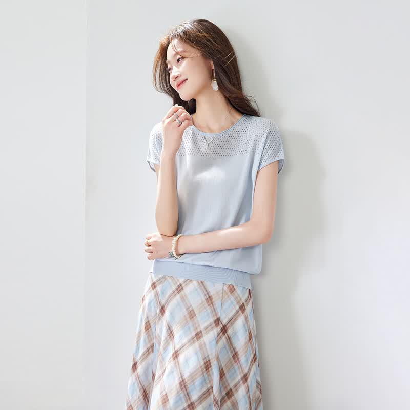 Srcr Women s Silk Blend Hollow Knit Short Sleeve T-shirt