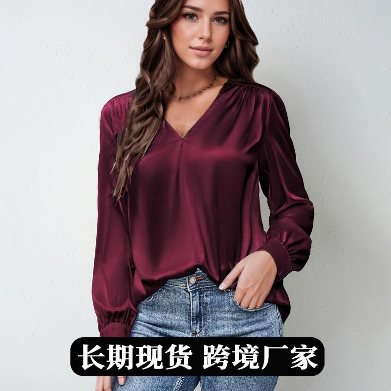 Plus Size Women's Pleated Long Sleeve V Neck Casual Loose Commuter Top