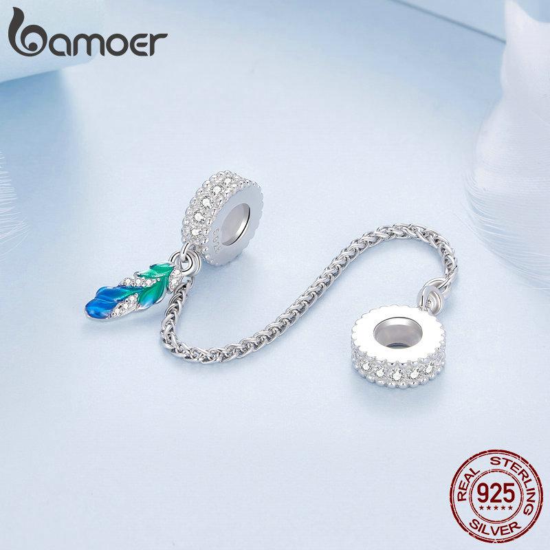 

BAMOER Стерлингового Серебра 925 пробы, синяя эмаль, защитная цепочка с перьями, подходит для подвесок, браслетов и браслетов, подвески, ювелирные изделия своими руками 925 silver