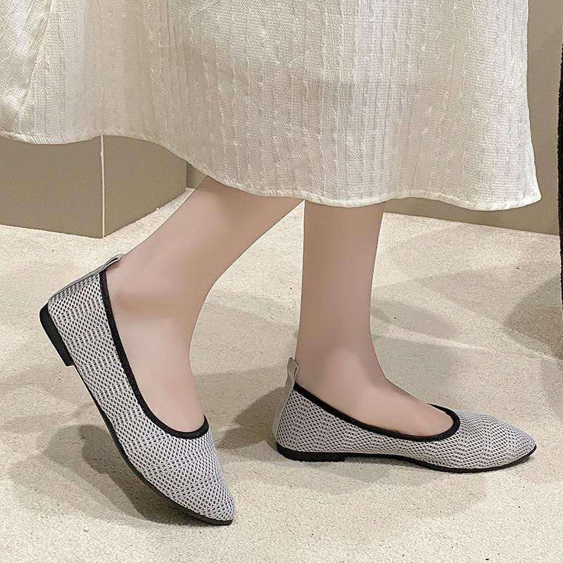 Flying woven pointed single shoes women's autumn corrugated large size breathable flat-soled beanie shoes one pedal lazy shoes