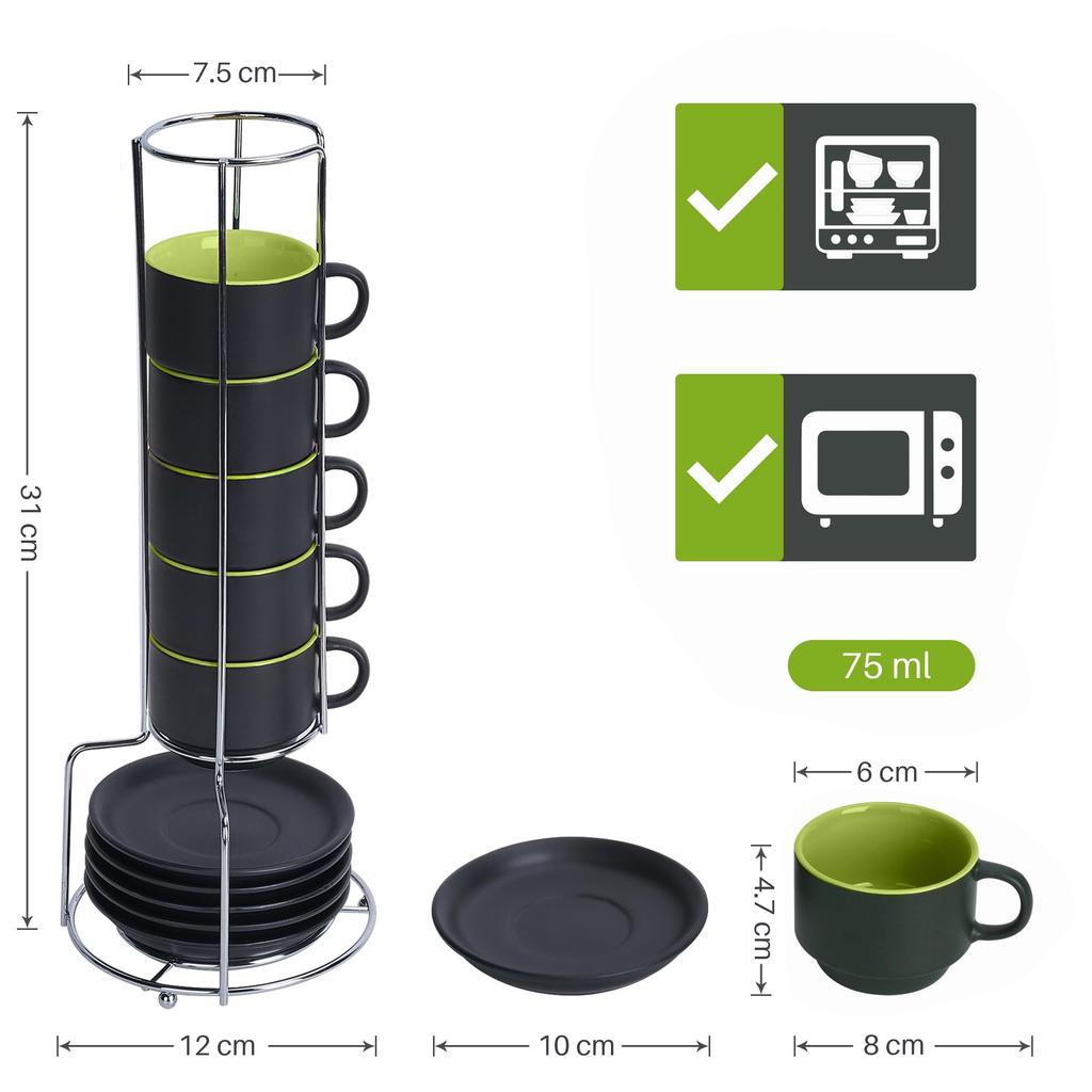 MIAMIO - 75 ml x 6 Stoneware Espresso Mug/Cup Set, Black Exterior, Colorful Interior