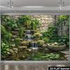 2D Lush Waterfall Pond Backdrop Stone Wall Green Plant Photography Background