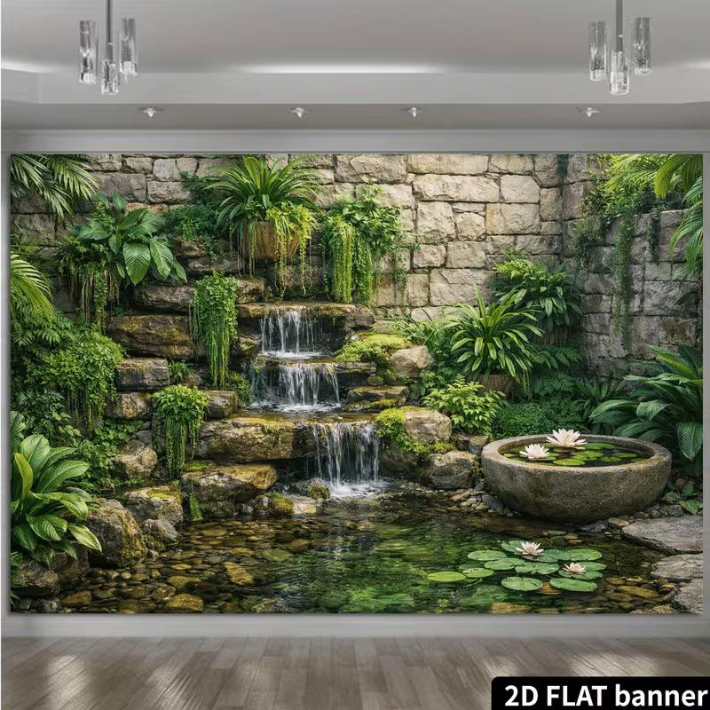 2D Lush Waterfall Pond Backdrop Stone Wall Green Plant Photography Background