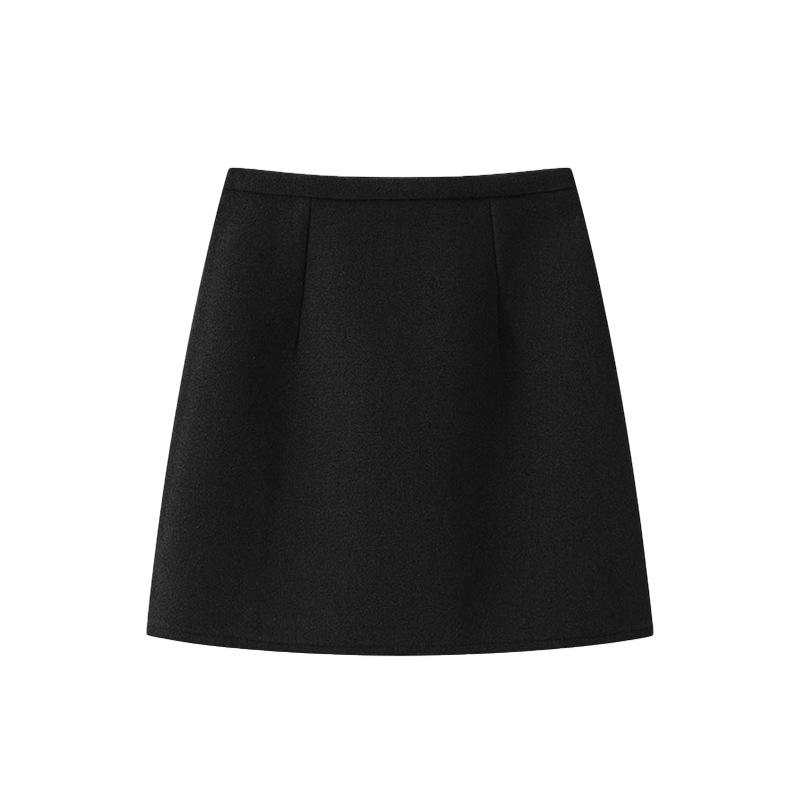 Women's Black Wool Blend A-Line Short Skirt - High Waist, Hip-Hugging, Slimming Petite Style for Spring & Autumn 2025.