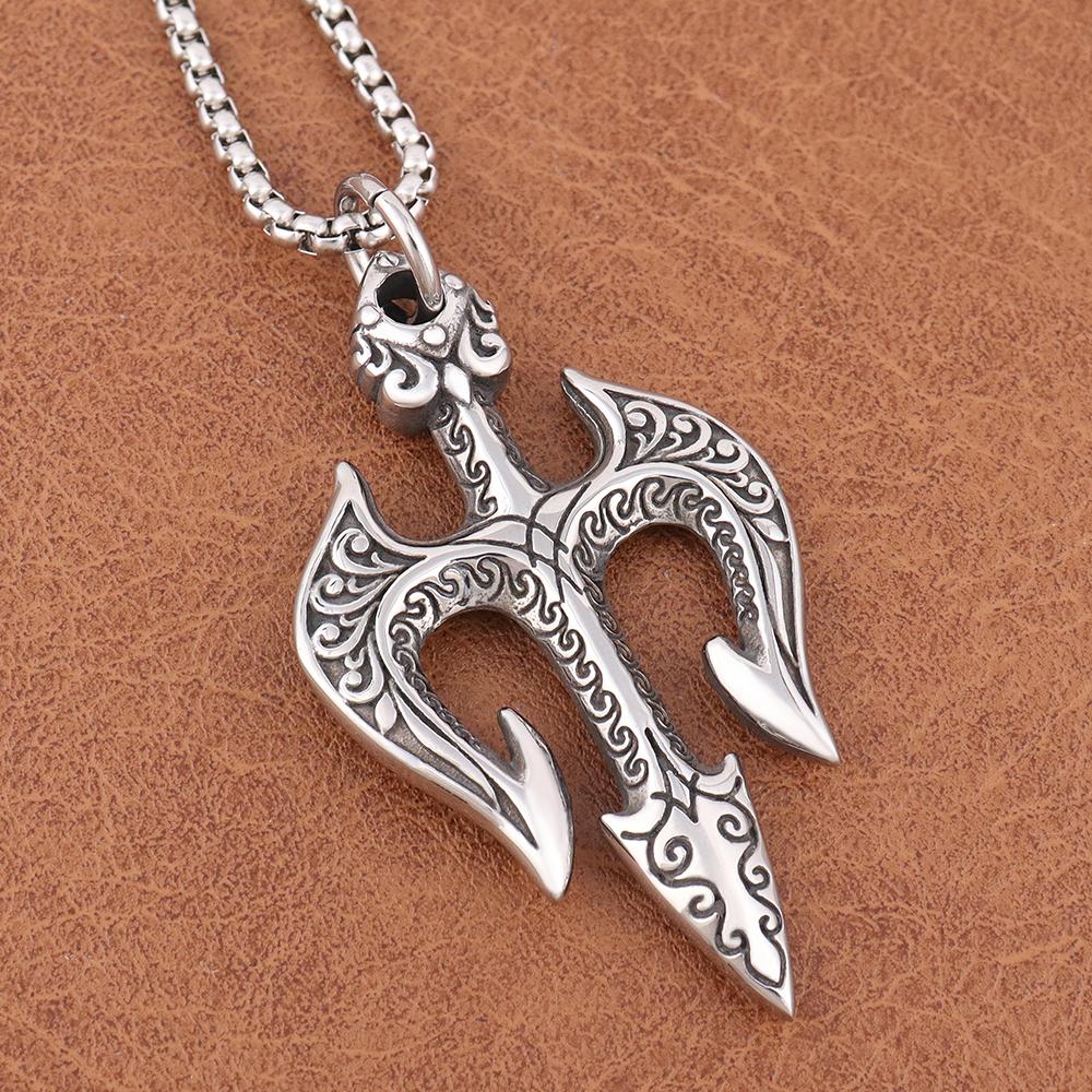 Vintage Poseidons Trident Pendant for Men Trident of Shiva Stainless Steel Warrior Spear Necklace Woman Jewelry Gifts