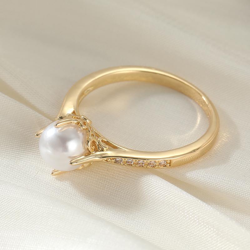Minimalist Inlaid Imitation Pearl CZ Women's Ring Trendy Gold Color Geometry Daily Wear Party Jewelry Anniversary Gift
