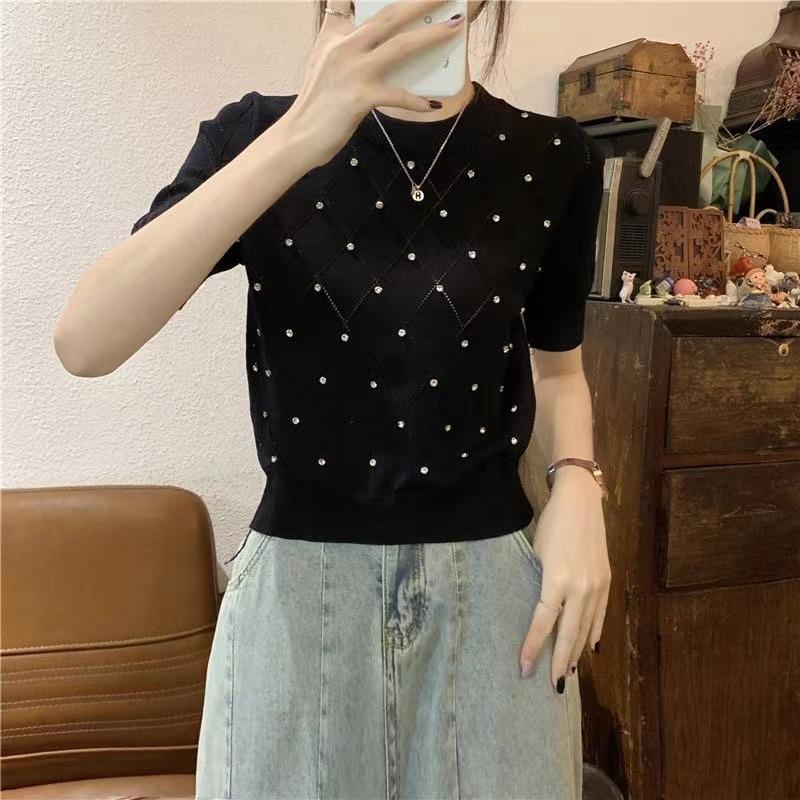 Women Diamond Grid Rhinestone Knit T-shirt Crew Neck Short Sleeve Fitted Casual Sweater