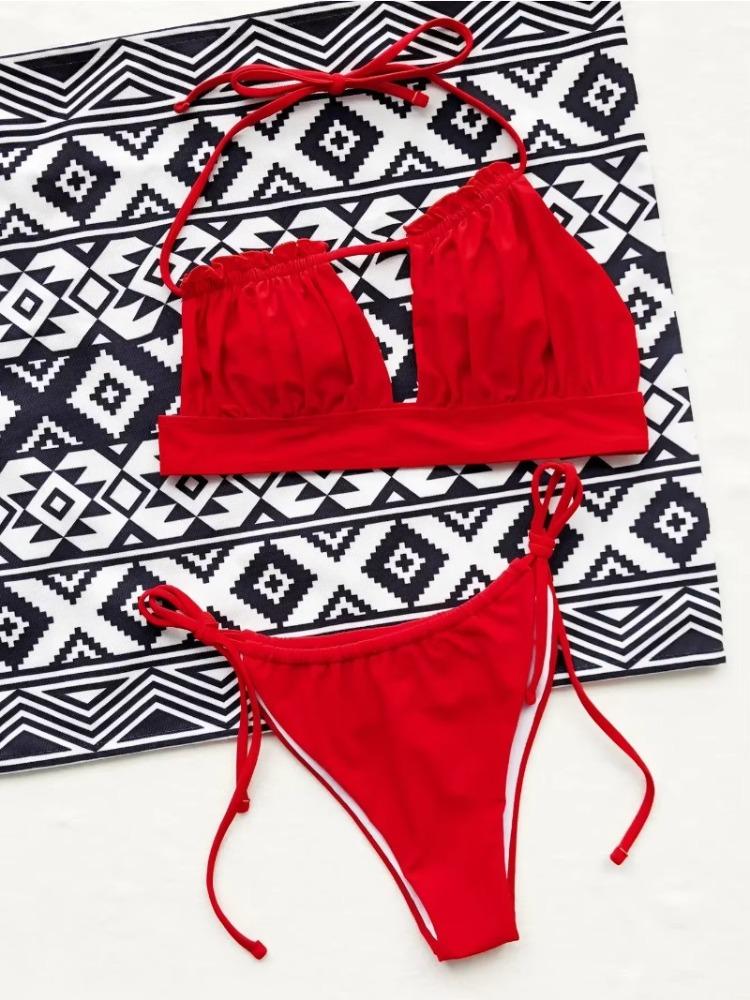 Bikini Sexy Red Swimwear Swimsuit Women Hollow Pleated Backless Halterneck Bikinis Set Bathing Suit Beach Bikini Female New