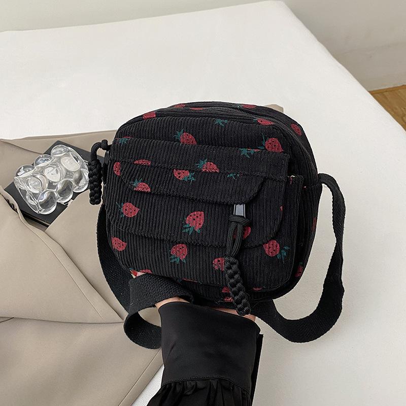 Pink Strawberry Print Corduroy Mini Backpack Cute Small Crossbody Bag With Woven Strap Daily Shopping Fashion Purse