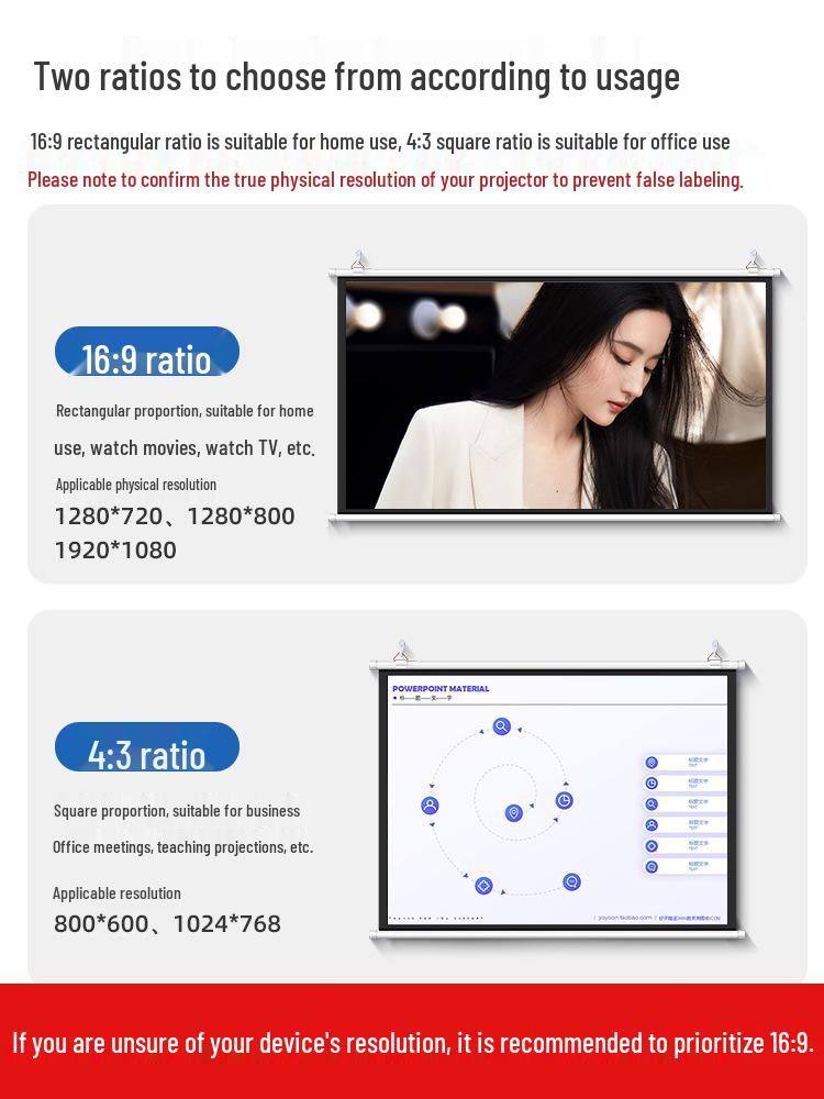 Anti-Light Wall-Mounted Projector Screen for Home Theater, Punch-Free, HD Projection Cloth, Available In 72'', 84'', 100'' Sizes