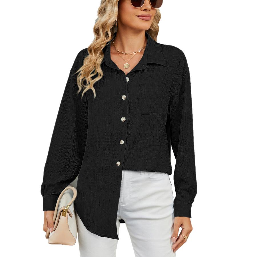 New Women's Casual Loose Long Sleeve Crew Neck Button Solid Color Shirt