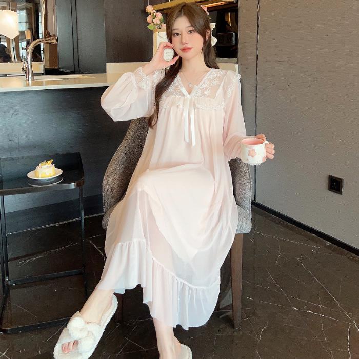 

Осенняя кружевная сетчатая ночная рубашка принцессы с нагрудной подкладкой, длинный рукав 175(XXL)