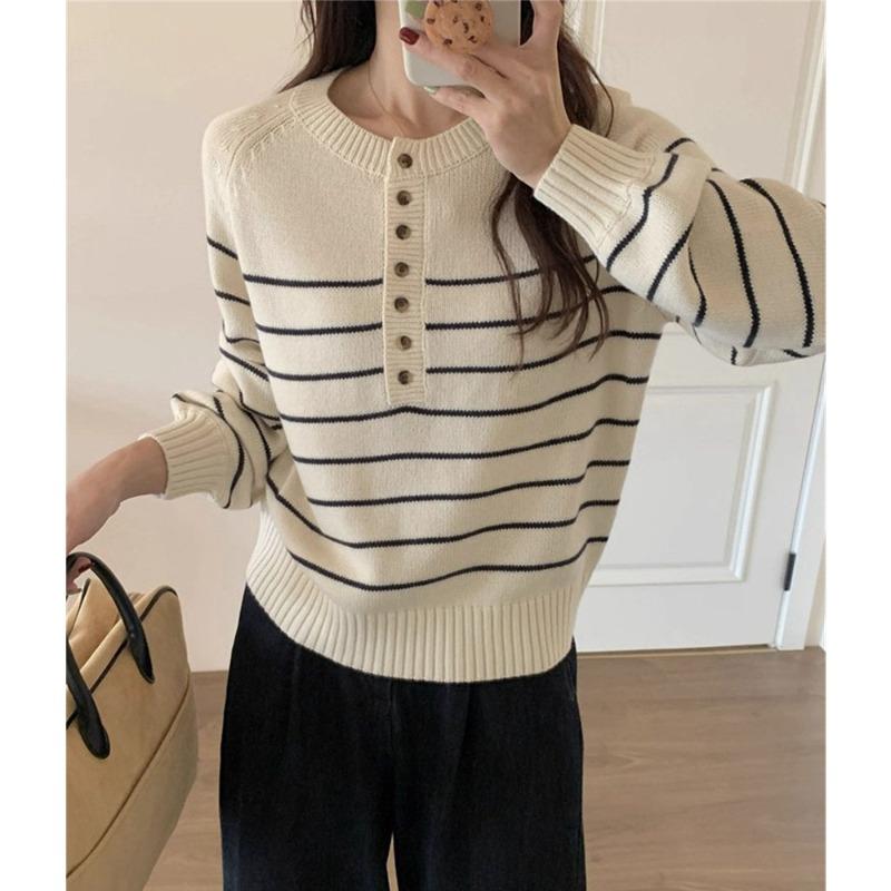Striped pullover sweater women's autumn and winter new round neck casual versatile bottoming knitted sweater