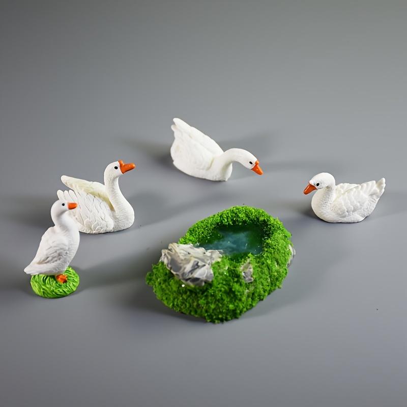5PCS Miniature White Goose Family Resin Figurines - Serene Pond Scene with 3 Geese & Rockery, Perfect for Garden Landscaping, Bonsai