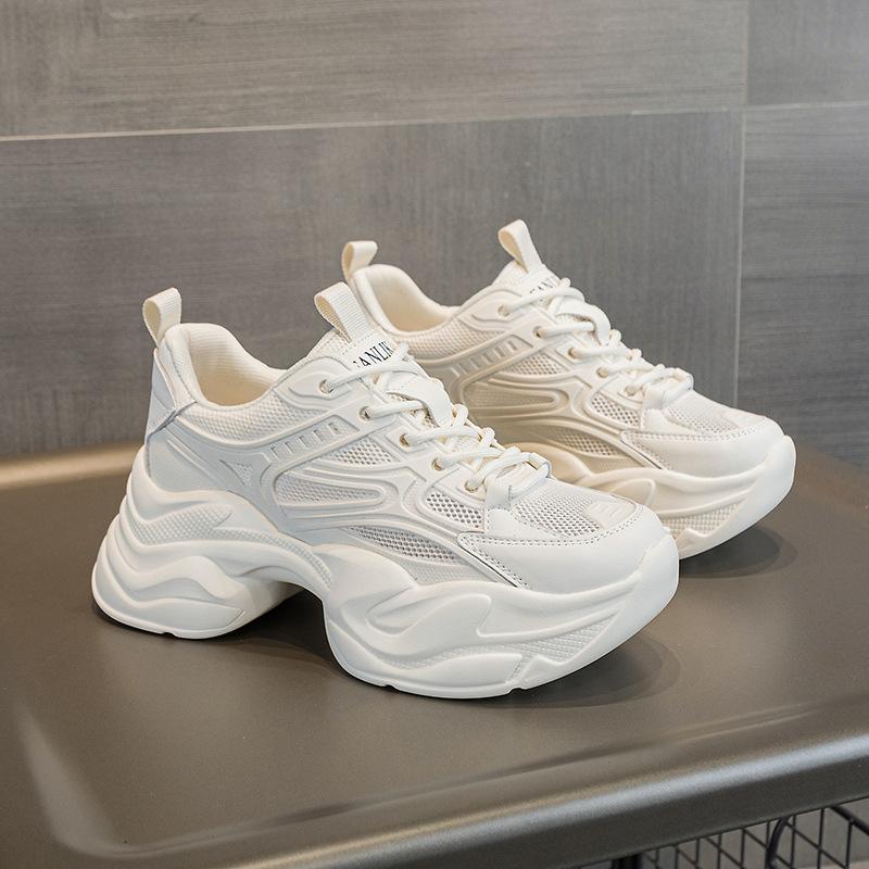 Spring Shoes New Versatile Thick-Soled Sports Breathable Mesh Small White Heightening Casual Explosion Dad Shoes Girl