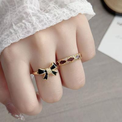 Retro Hong Kong Style Bow Rhombus Enamel Drip Open Ring Women'S Niche Design Light Luxury High-End Temperament Ring