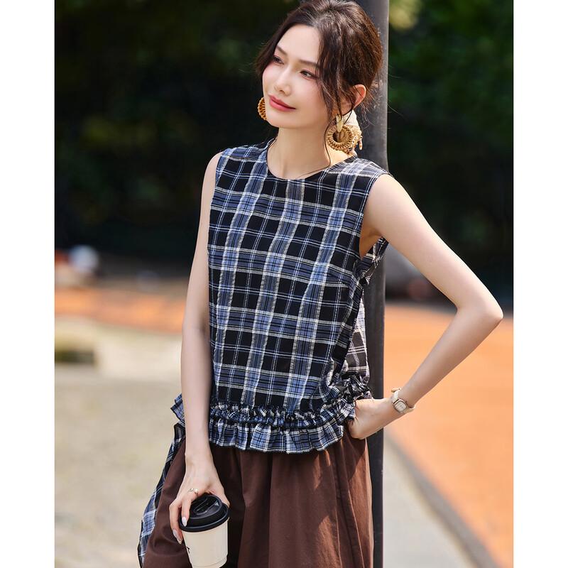 TERRE BLEUE Women s Plaid Sleeveless Top XL