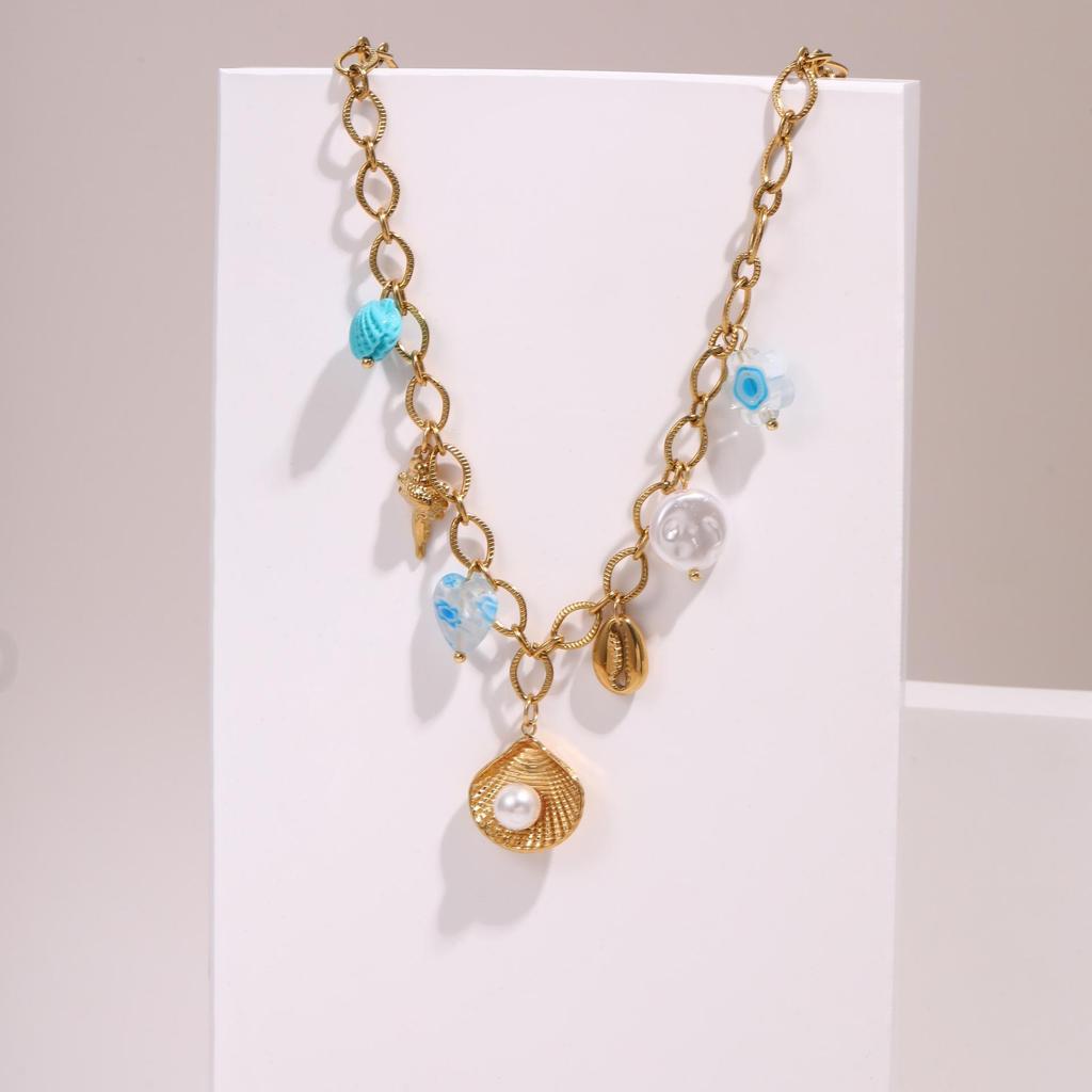 Starfish Flower Pendant Necklace with Pearl Shell on Stainless Steel Clavicle Chain