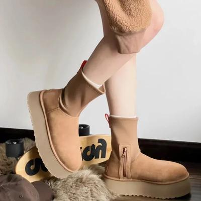Fashion First Layer Cowhide, Thickened Wool Women's Snow Boots, Warm High Cut Pencil Shoes, Snow Resistant Women's Shoes