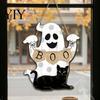 Vintage Style Holiday Wall Plaque Cute White Ghost Wooden Door Hanger Sign with Black Cat BOO Boo Halloween Home Decor Banner, Waterproof Front