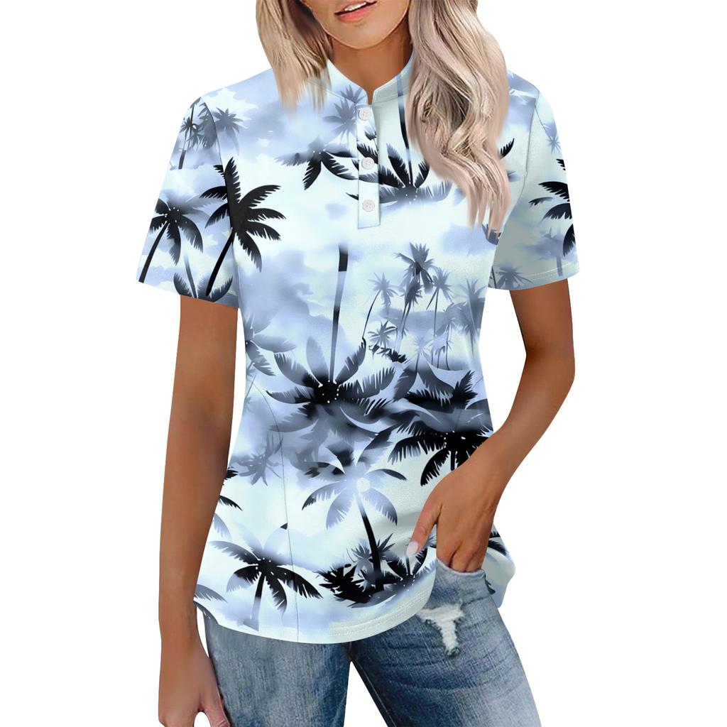 Women's Casual Polo Collar Short Sleeve Top Loose Fit Tropical Leaf Floral Print Shirt Summer Lightweight Blouse