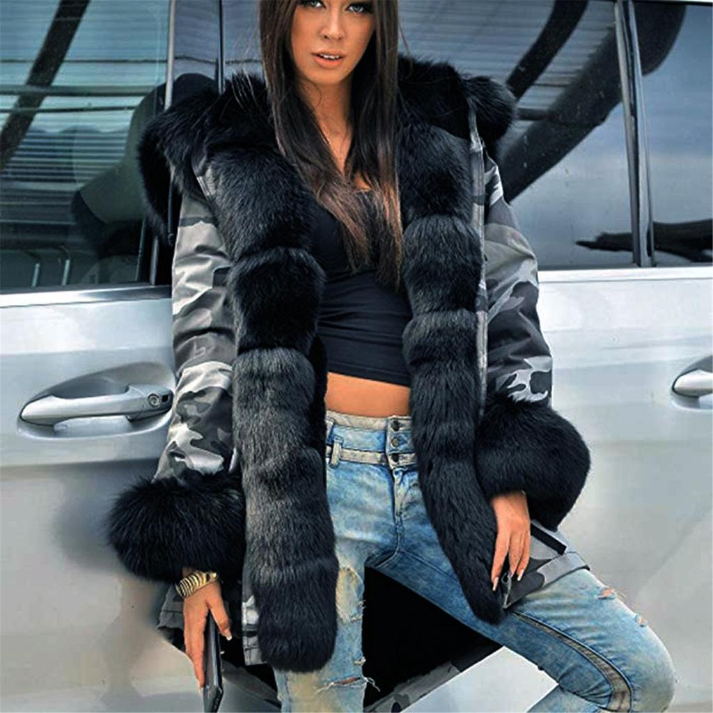 Women's Faux-Fur Shaggy Winter Camo-Coat Long Sleeve Open Front Outwear Fishtail Hooded Jacket