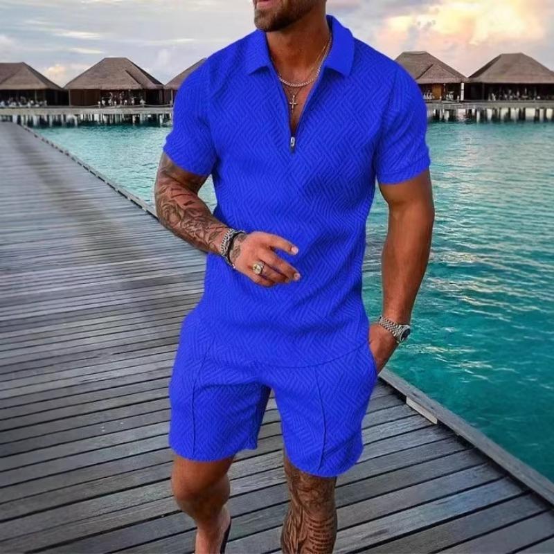 Men Casual Printed Turn Down Collar Short Sleeve Polo Shirt And Shorts Set