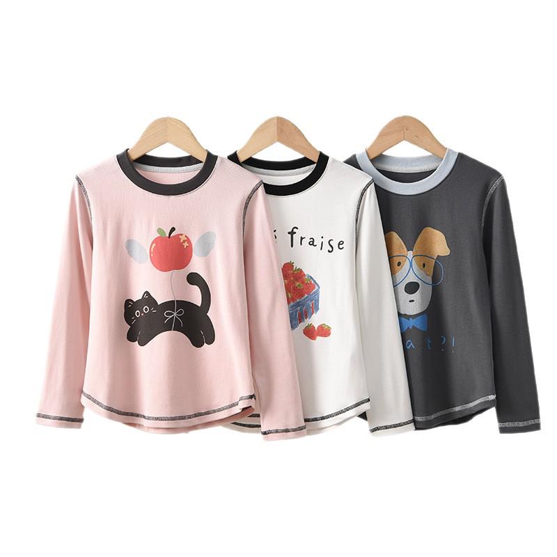 Autumn Kids' Color Block Cartoon Linen T-Shirt - Boys & Girls Long Sleeve Crew Neck