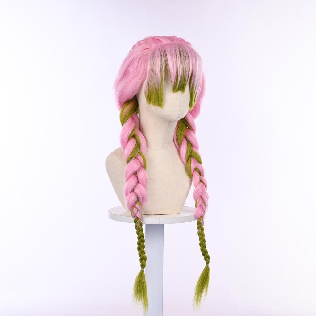 Kanroji Mitsuri Demon Slayer Pink-Green Cosplay Wig with Cap & Big Braid