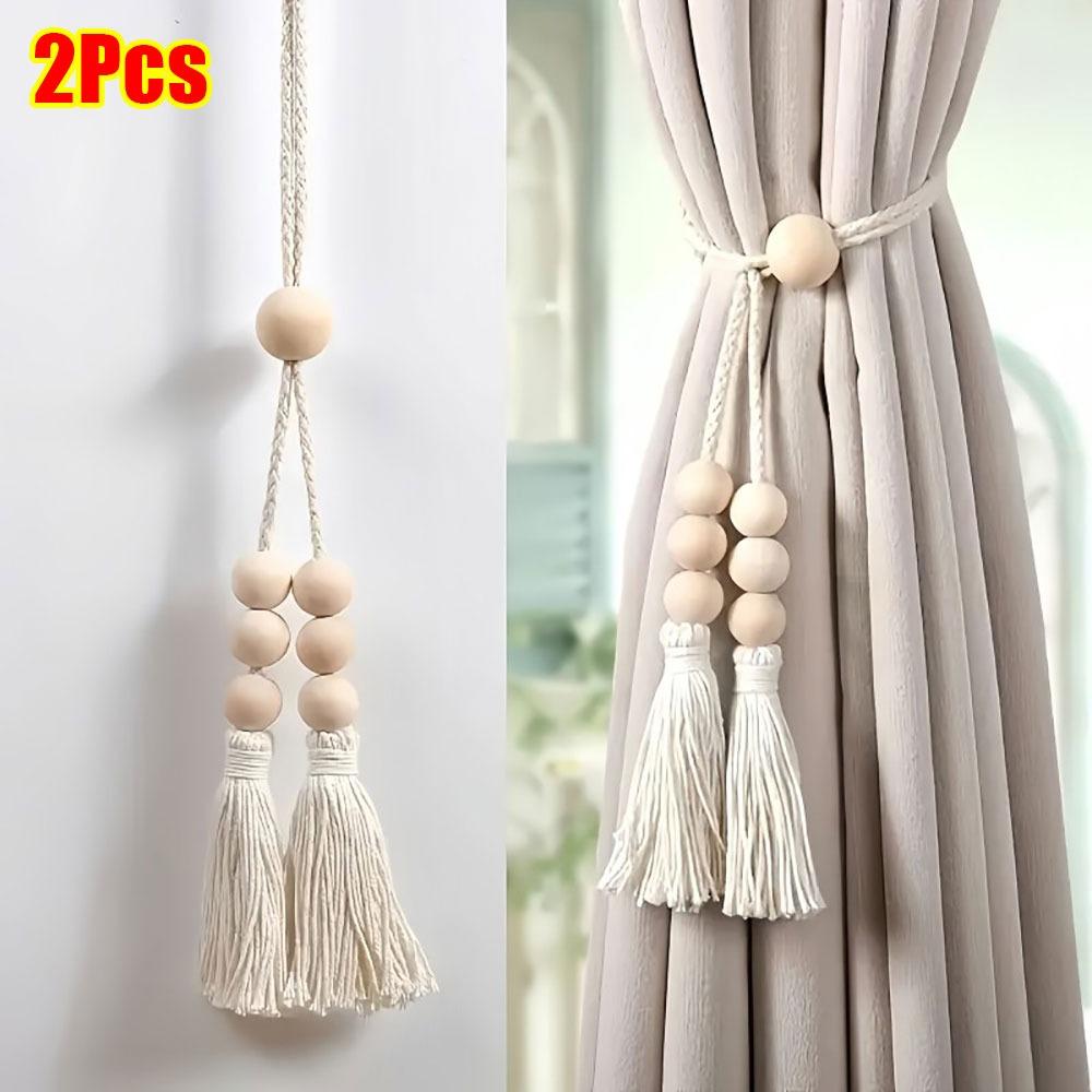 

2 шт. Деревянные подхваты для штор из бусин, Фиксированные крючки для штор, Веревка для подвязывания штор, Аксессуары для домашнего декора Style 1