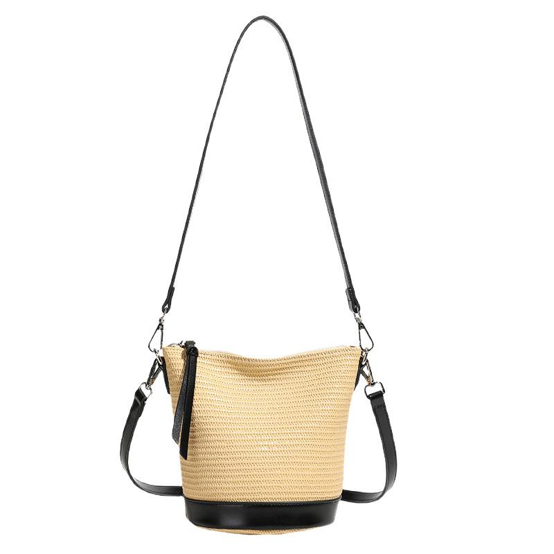 Trend Large-capacity Straw Bucket Bag Women's 2025 New Splicing Versatile Woven Seaside Vacation Shoulder Messenger Bag