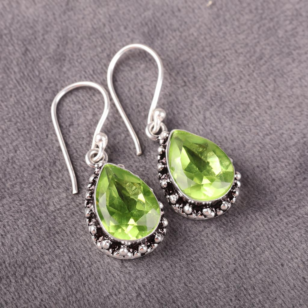 Natural Peridot Gemstone 925 Sterling Silver Handcrafted Earrings 1.41" For Gift EE-97-3