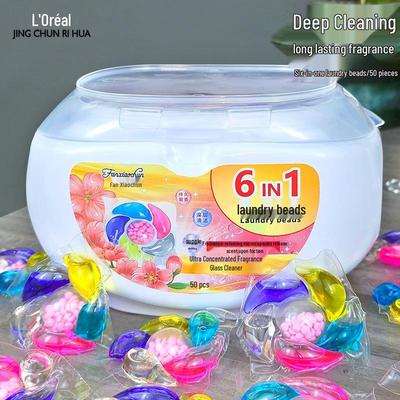 50-Pack Six-Chamber Laundry Detergent Pods: Long-Lasting Fragrance, Softening, Stain Removal, Six-in-One Laundry Beads