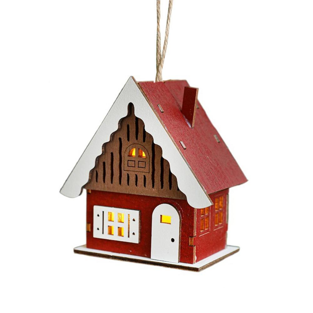 Decorative Christmas Snow House Pendant Elk Hanging Lighting Glowing Log Cabin Mini Christmas Tree LED Wooden Christmas House