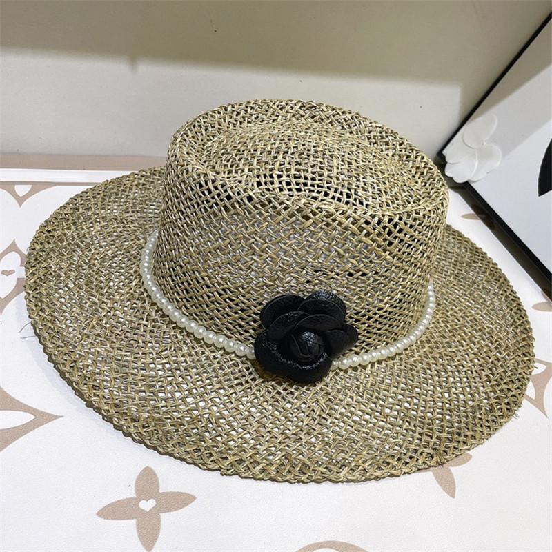

Ins Натуральная соленая трава с жемчужной цепочкой и камелией, женская кепка для отдыха, панамская джазовая шляпа head size 57cm