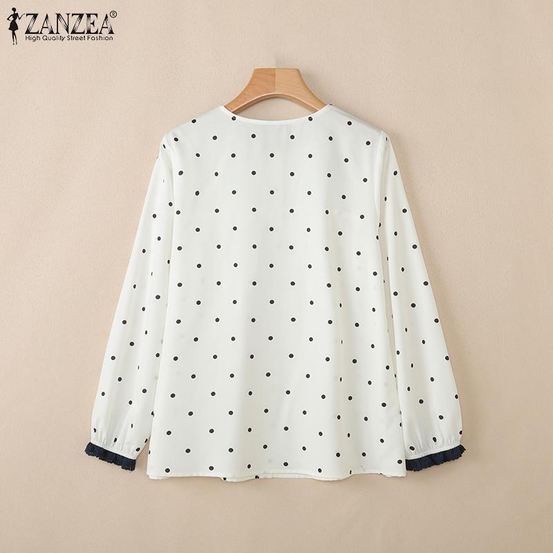 ZANZEA Women Splice Doll Collar Casual Long Sleeve Polka Dot Print Blouse