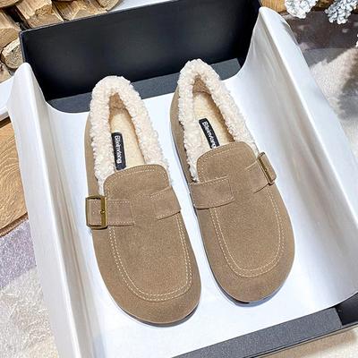 Mocassins décontractés en laine d'agneau pour femmes, chaussures plates à sangle de ceinture, chaussures d'hiver fourrées, mocassins en coton pour dames, bottes chaudes en fourrure de mouton à enfiler