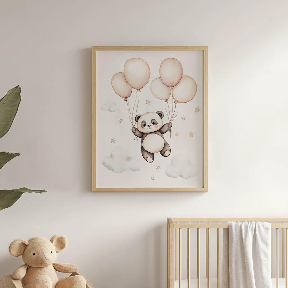 Plakat Uśmiechnięta Panda Z Balonami Plakat Uśmiechnięta Panda Z Balonami, 30X40 Cm, Rama Drewniana Jasny Dąb, Papier Matowy 230 Gsm