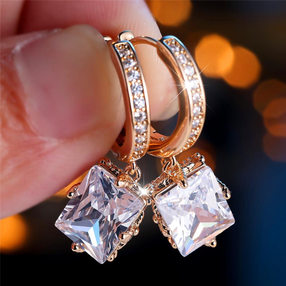 Trendy Crystal White Green Red Zircon Squarel Hoop Earrings For Women Vintage Gold Color Wedding